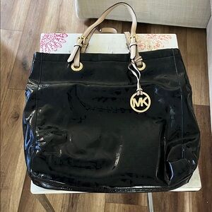 Michael Kors Glossy Black Tote with Tan Handles